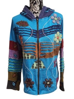 Rising International Blue Boho Patchwork Zip-Up Hoodie with Floral Appliqué